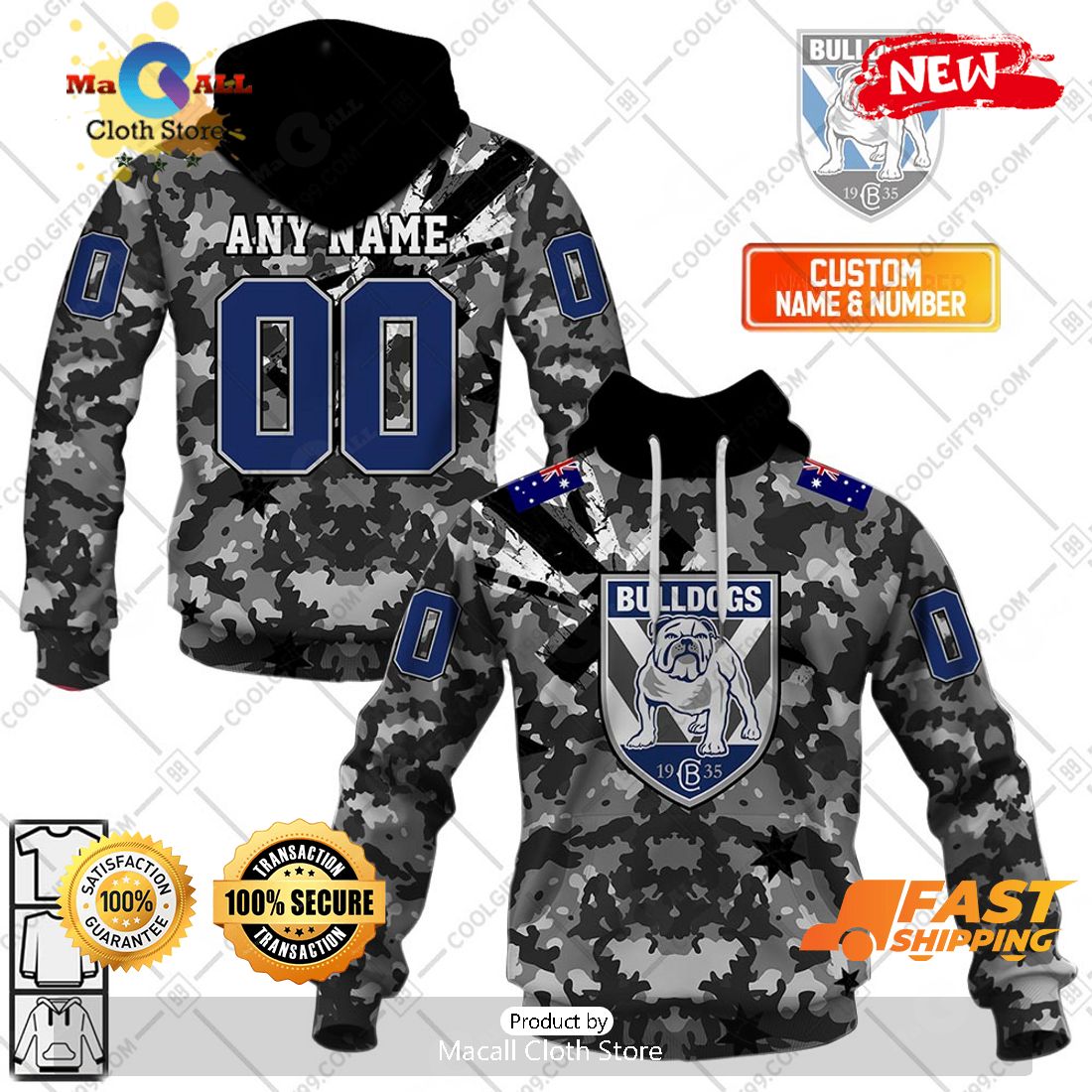 HOT Personalized NRL Canterbury Bankstown Bulldogs Special Camo Military Flag Hoodie Sweatshirt 3D