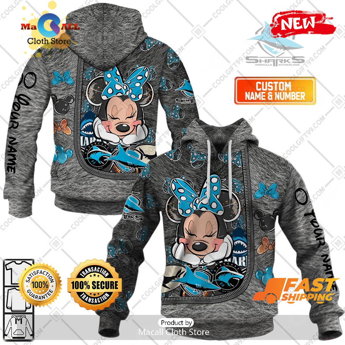 HOT Personalized NRL Cronulla Sutherland Sharks Logo and Minnie Mouse Design Hoodie Sweatshirt 3D HOT Personalized NRL Cronulla Sutherland Sharks Logo and Minnie Mouse Design Hoodie Sweatshirt 3D