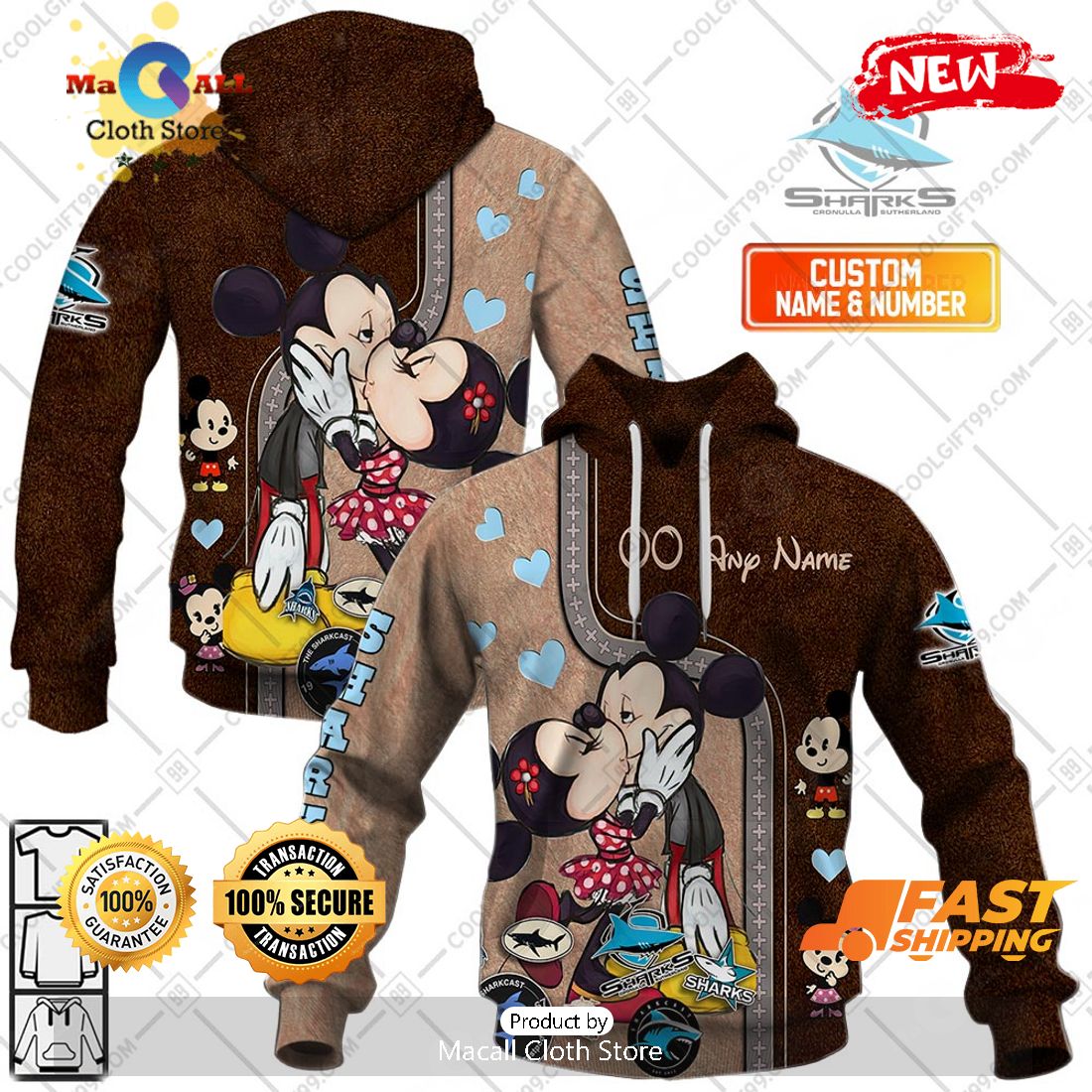 HOT Personalized NRL Cronulla Sutherland Sharks Mickey and Minnie Design Hoodie Sweatshirt 3D