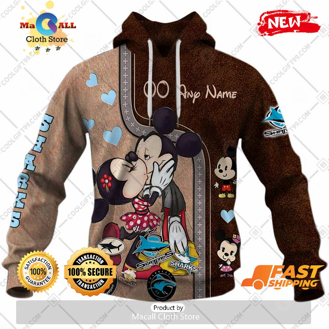 HOT Personalized NRL Cronulla Sutherland Sharks Mickey and Minnie Design Hoodie Sweatshirt 3D