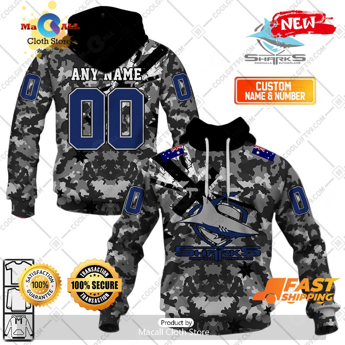 HOT Personalized NRL Cronulla Sutherland Sharks Special Camo Military Flag Hoodie Sweatshirt 3D HOT Personalized NRL Cronulla Sutherland Sharks Special Camo Military Flag Hoodie Sweatshirt 3D