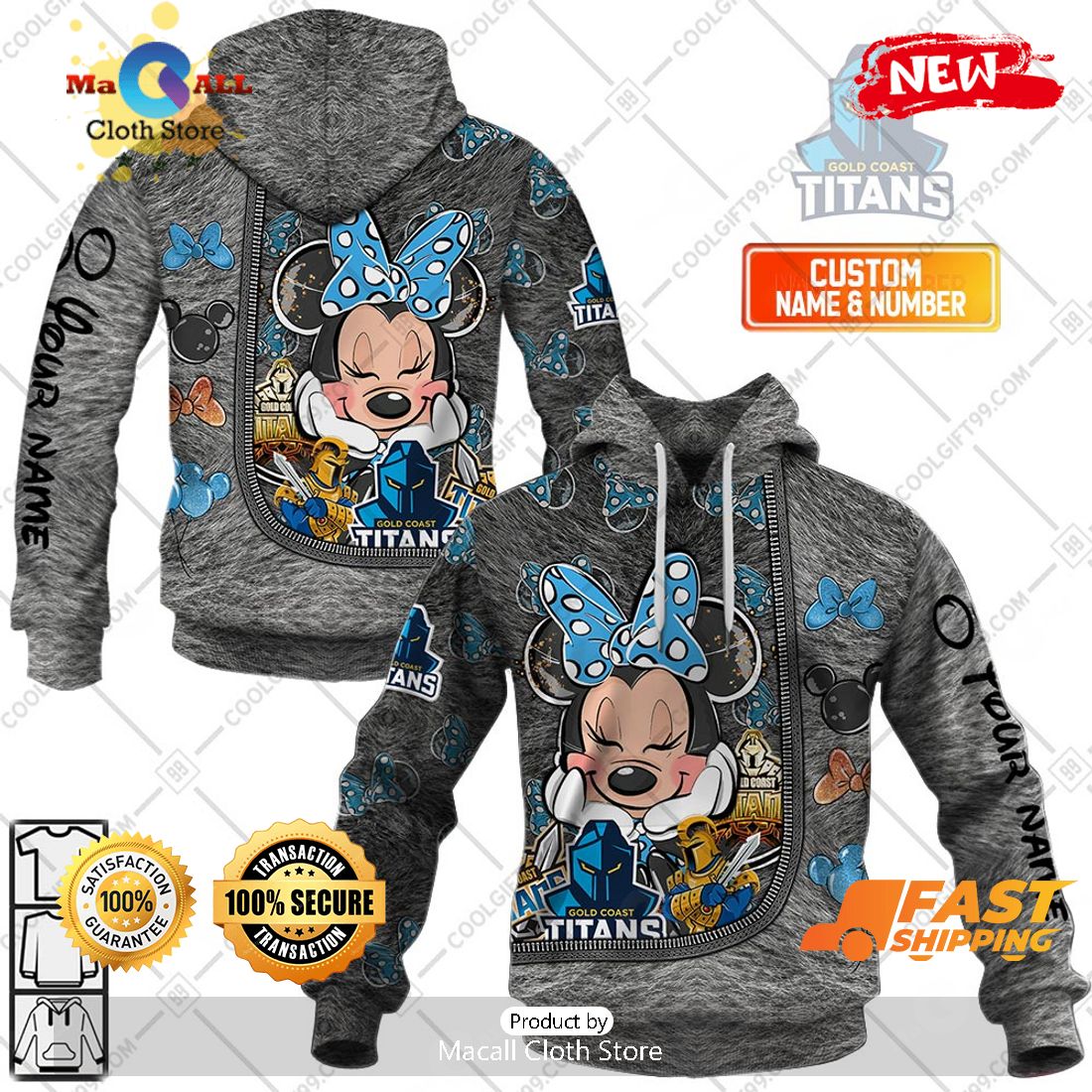 HOT Personalized NRL Gold Coast Titans Logo and Minnie Mouse Design Hoodie Sweatshirt 3D HOT Personalized NRL Gold Coast Titans Logo and Minnie Mouse Design Hoodie Sweatshirt 3D