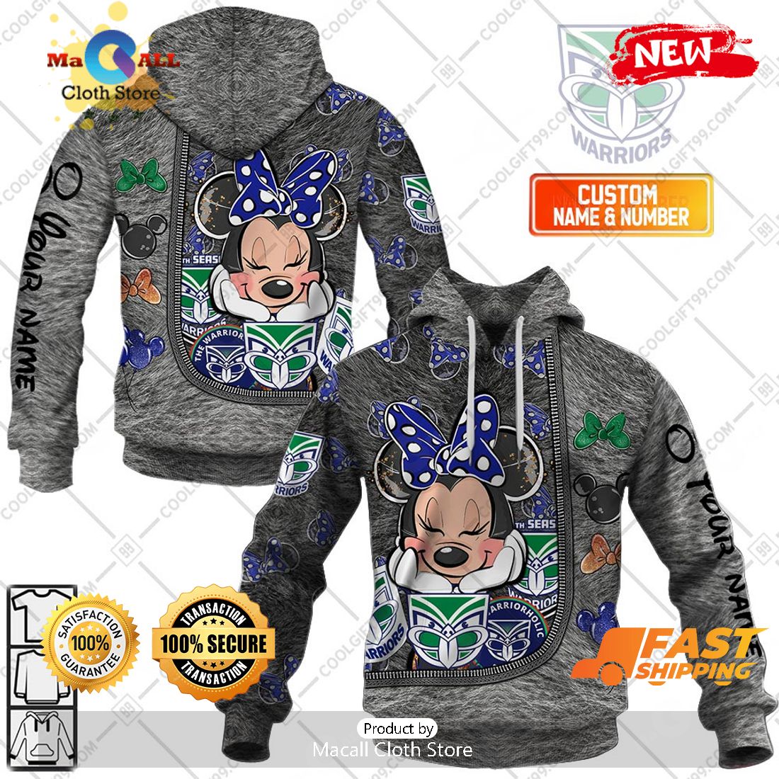 HOT Personalized NRL New Zealand Warriors Logo and Minnie Mouse Design Hoodie Sweatshirt 3D HOT Personalized NRL New Zealand Warriors Logo and Minnie Mouse Design Hoodie Sweatshirt 3D