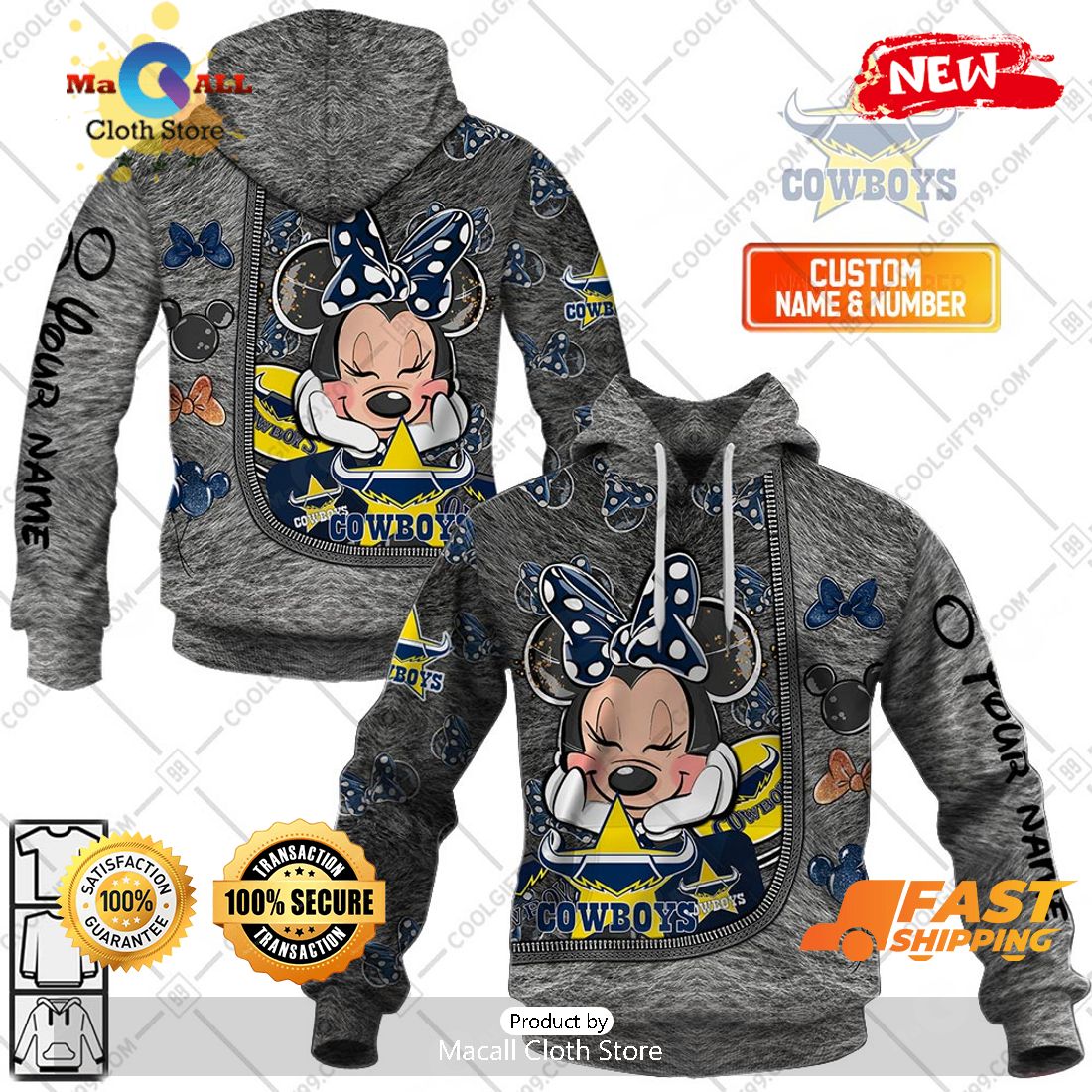 HOT Personalized NRL North Queensland Cowboys Logo and Minnie Mouse Design Hoodie Sweatshirt 3D