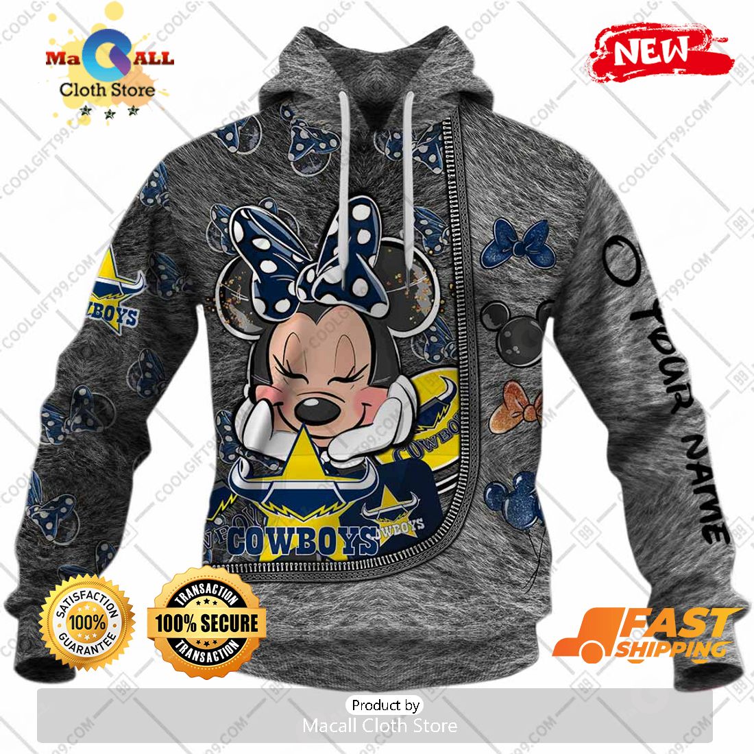 HOT Personalized NRL North Queensland Cowboys Logo and Minnie Mouse Design Hoodie Sweatshirt 3D