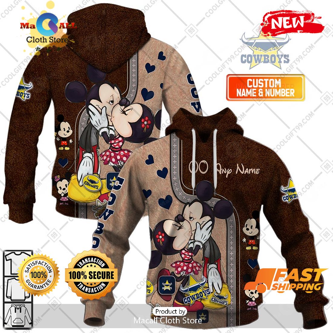 HOT Personalized NRL North Queensland Cowboys Mickey and Minnie Design Hoodie Sweatshirt 3D HOT Personalized NRL North Queensland Cowboys Mickey and Minnie Design Hoodie Sweatshirt 3D