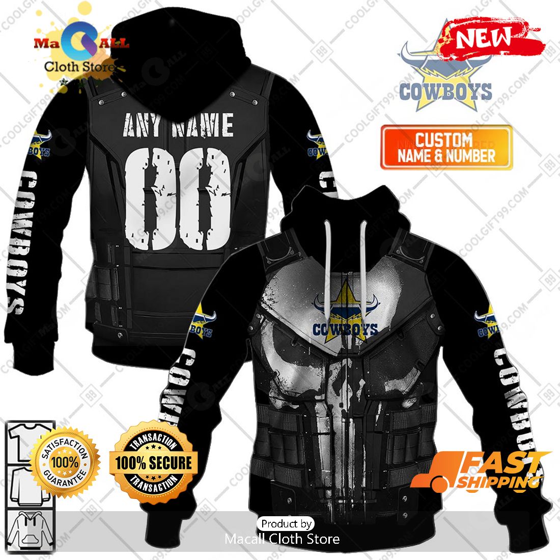 HOT Personalized NRL North Queensland Cowboys Punisher Hoodie Sweatshirt 3D HOT Personalized NRL North Queensland Cowboys Punisher Hoodie Sweatshirt 3D
