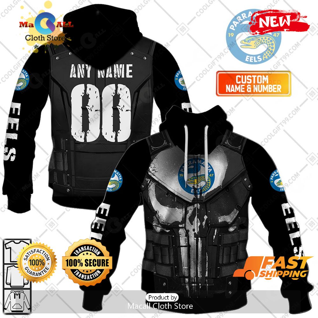 HOT Personalized NRL Parramatta Eels Punisher Hoodie Sweatshirt 3D HOT Personalized NRL Parramatta Eels Punisher Hoodie Sweatshirt 3D