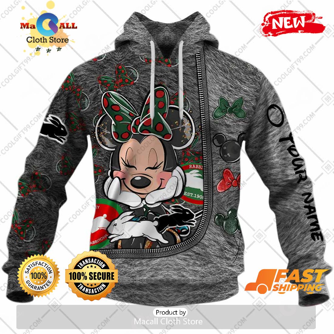 HOT Personalized NRL South Sydney Rabbitohs Logo and Minnie Mouse Design Hoodie Sweatshirt 3D