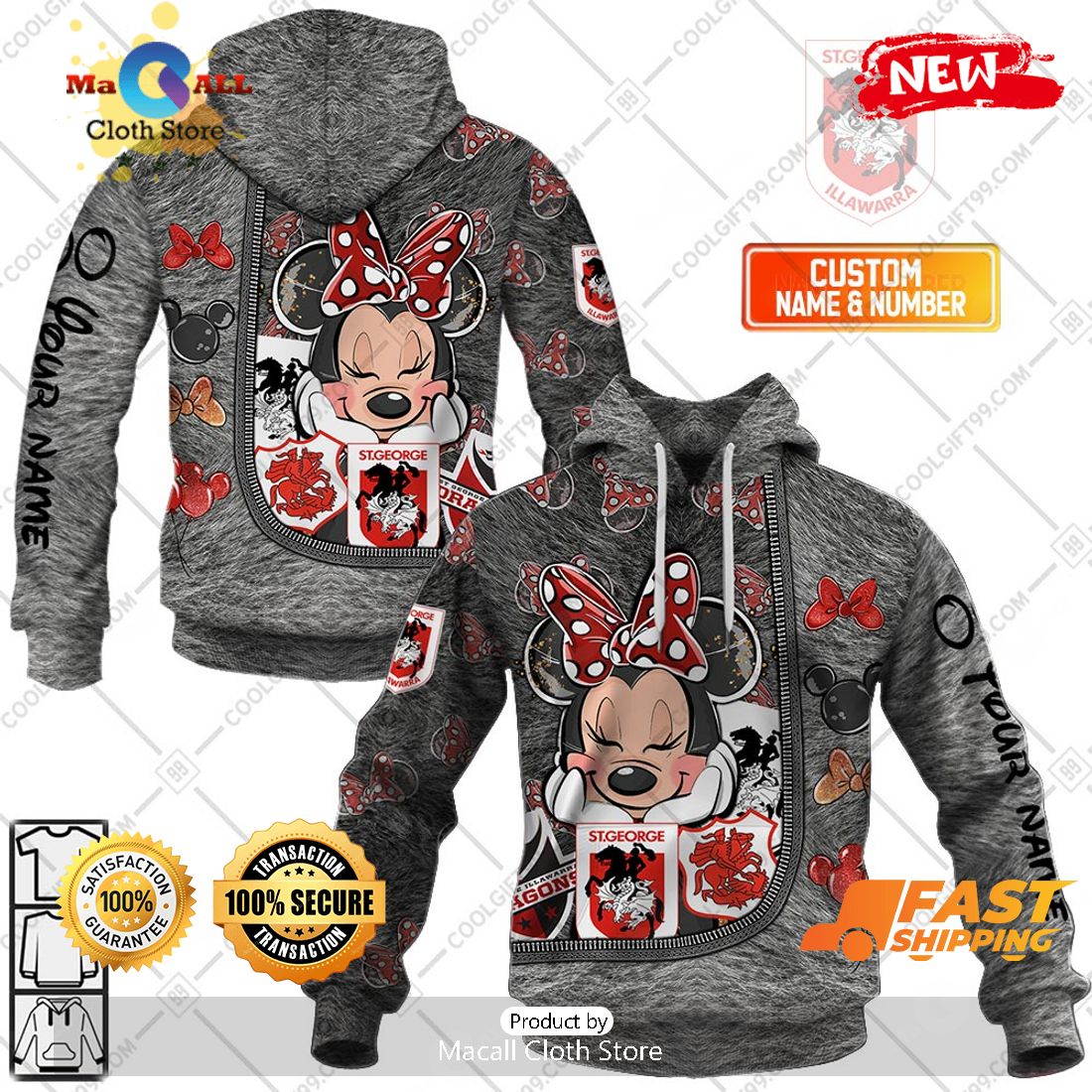 HOT Personalized NRL St. George Illawarra Dragons Logo and Minnie Mouse Design Hoodie Sweatshirt 3D HOT Personalized NRL St. George Illawarra Dragons Logo and Minnie Mouse Design Hoodie Sweatshirt 3D