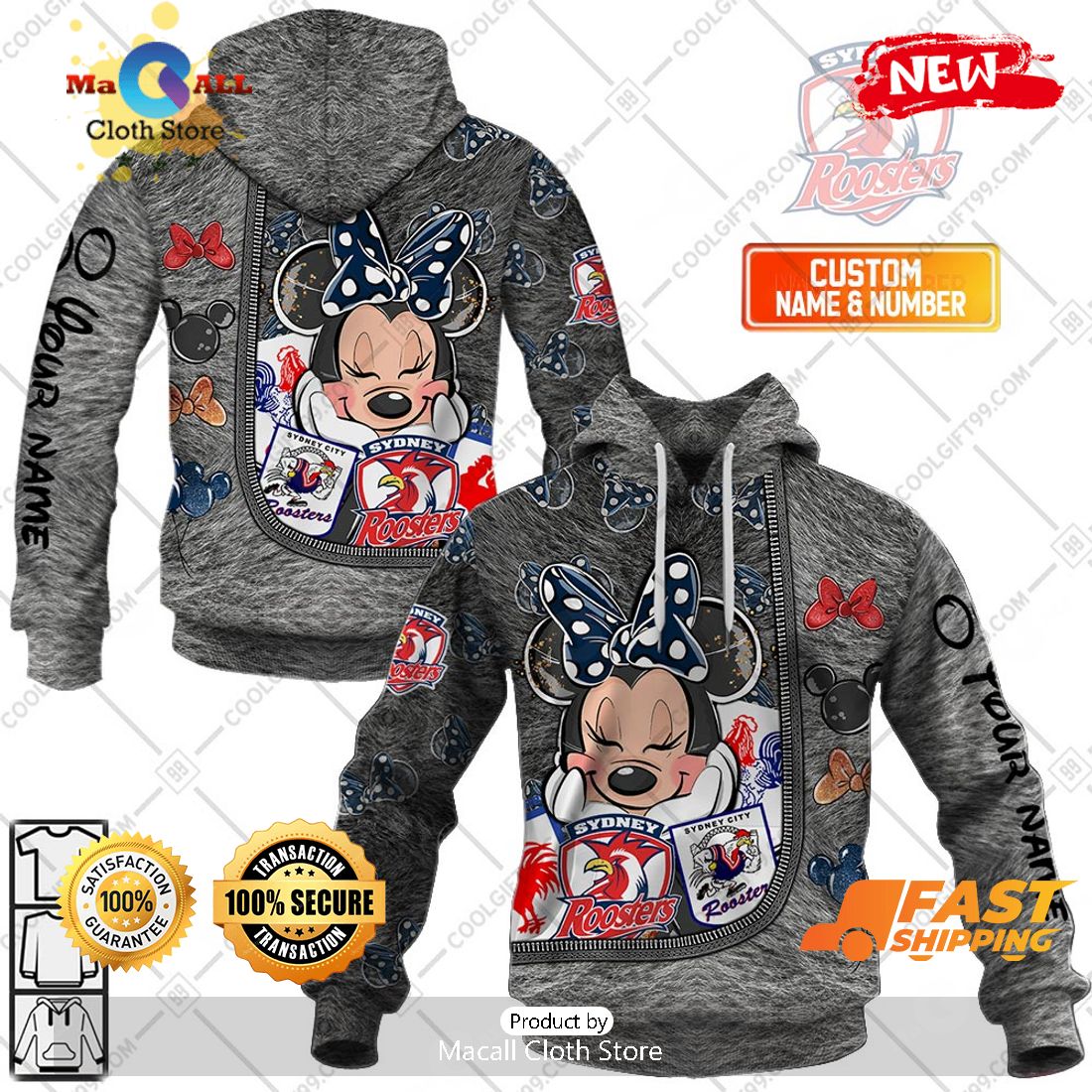 HOT Personalized NRL Sydney Roosters Logo and Minnie Mouse Design Hoodie Sweatshirt 3D HOT Personalized NRL Sydney Roosters Logo and Minnie Mouse Design Hoodie Sweatshirt 3D