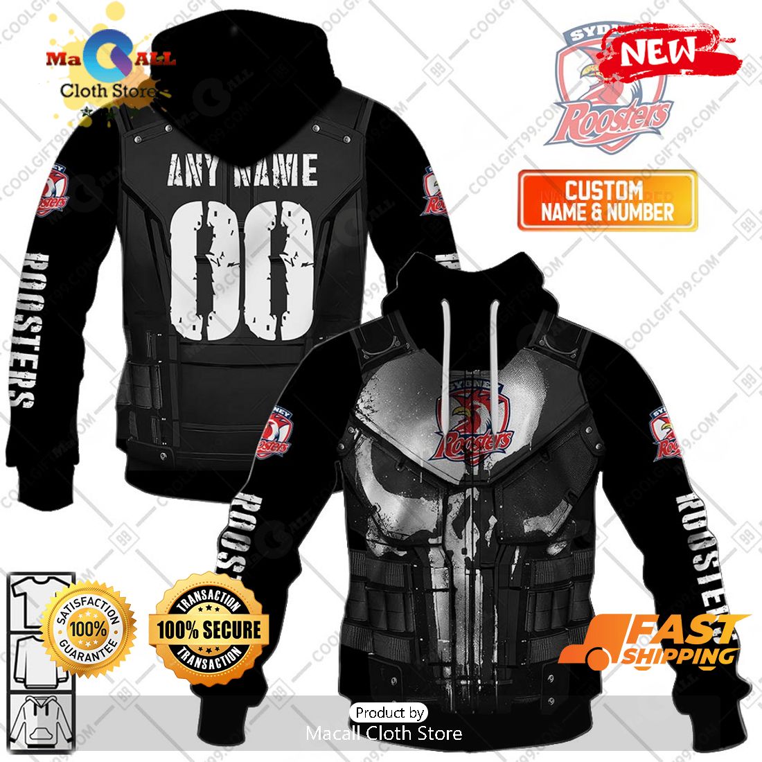 HOT Personalized NRL Sydney Roosters Punisher Hoodie Sweatshirt 3D HOT Personalized NRL Sydney Roosters Punisher Hoodie Sweatshirt 3D