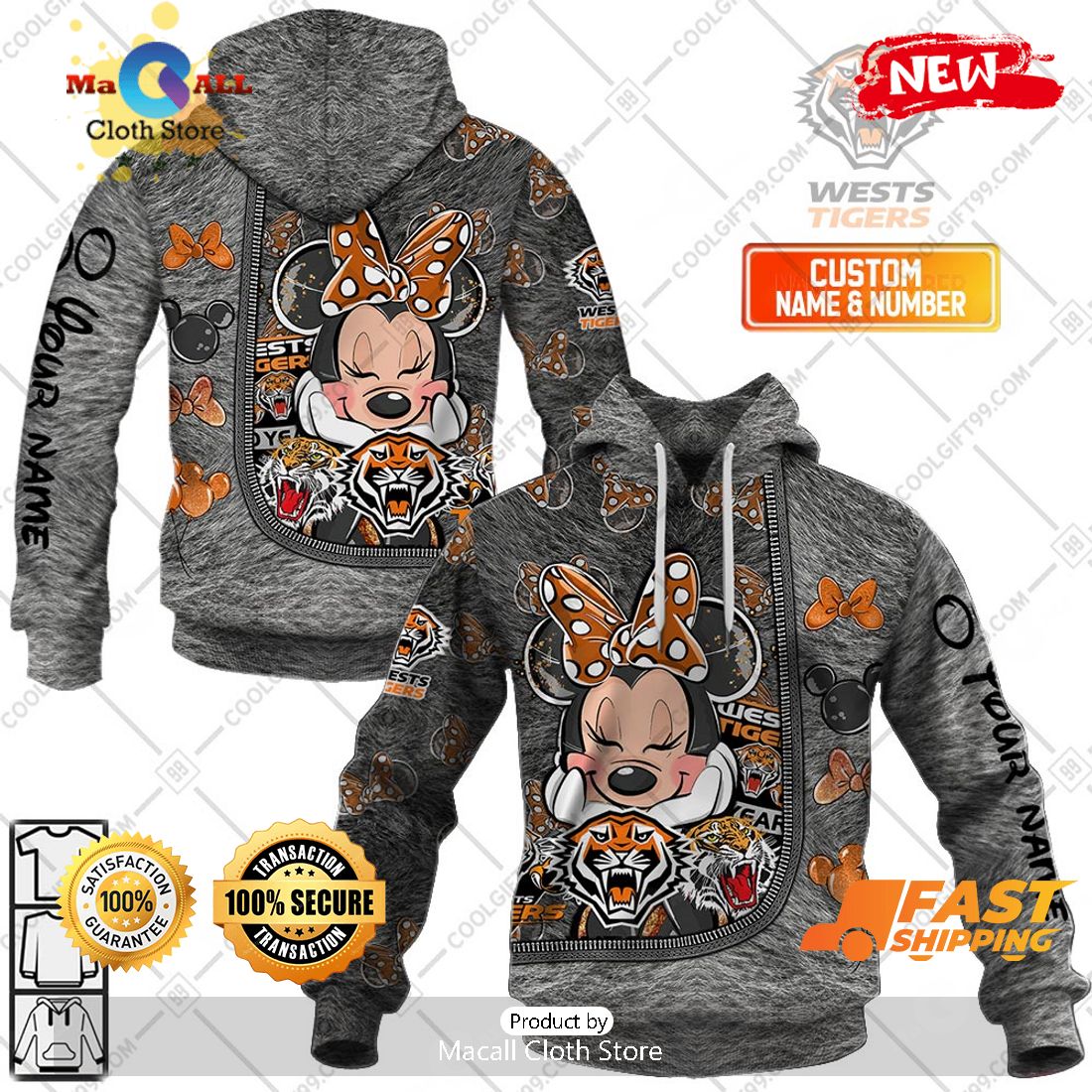 HOT Personalized NRL Wests Tigers Logo and Minnie Mouse Design Hoodie Sweatshirt 3D HOT Personalized NRL Wests Tigers Logo and Minnie Mouse Design Hoodie Sweatshirt 3D