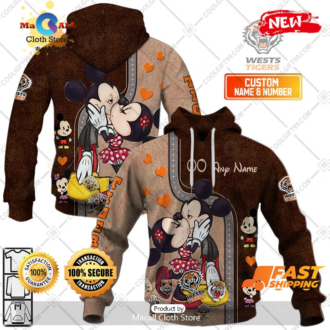 HOT Personalized NRL Wests Tigers Mickey and Minnie Design Hoodie Sweatshirt 3D HOT Personalized NRL Wests Tigers Mickey and Minnie Design Hoodie Sweatshirt 3D