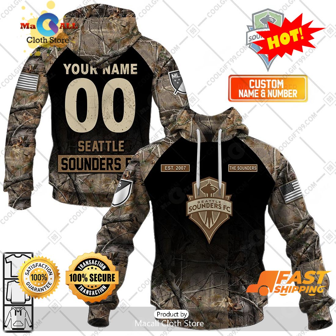 HOT Personalized MLS Seattle Sounders FC Camouflage Hoodie Sweatshirt 3D