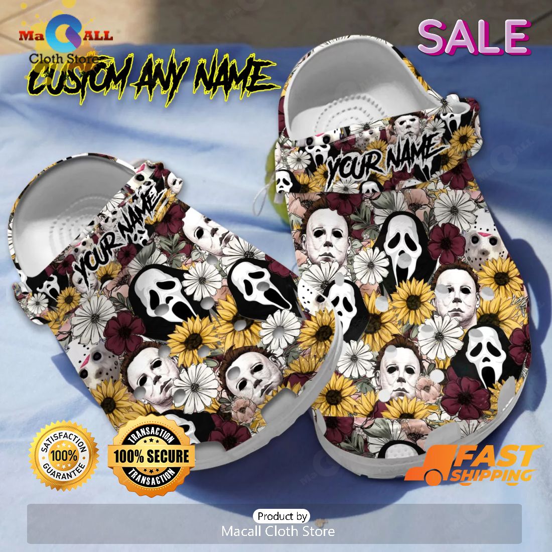 SALE Halloween Horror Face With Flowers Custom Name Crocs SALE Halloween Horror Face With Flowers Custom Name Crocs