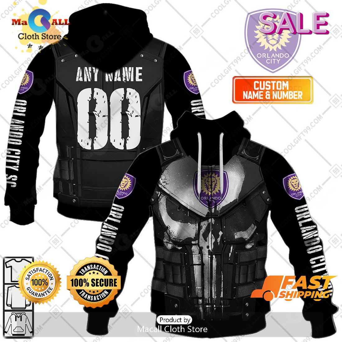 [SALE] Personalized MLS Orlando City SC Punisher Design Hoodie Sweatshirt 3D