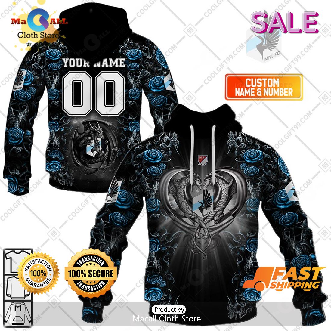 SALE Personalized MLS Minnesota United FC Roses Dragon Couple Hoodie Sweatshirt 3D