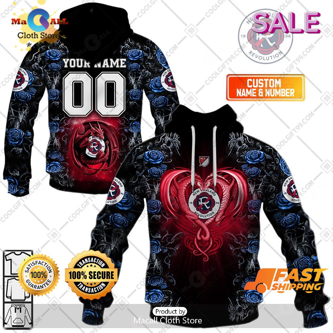 SALE Personalized MLS New England Revolution Roses Dragon Couple Hoodie Sweatshirt 3D