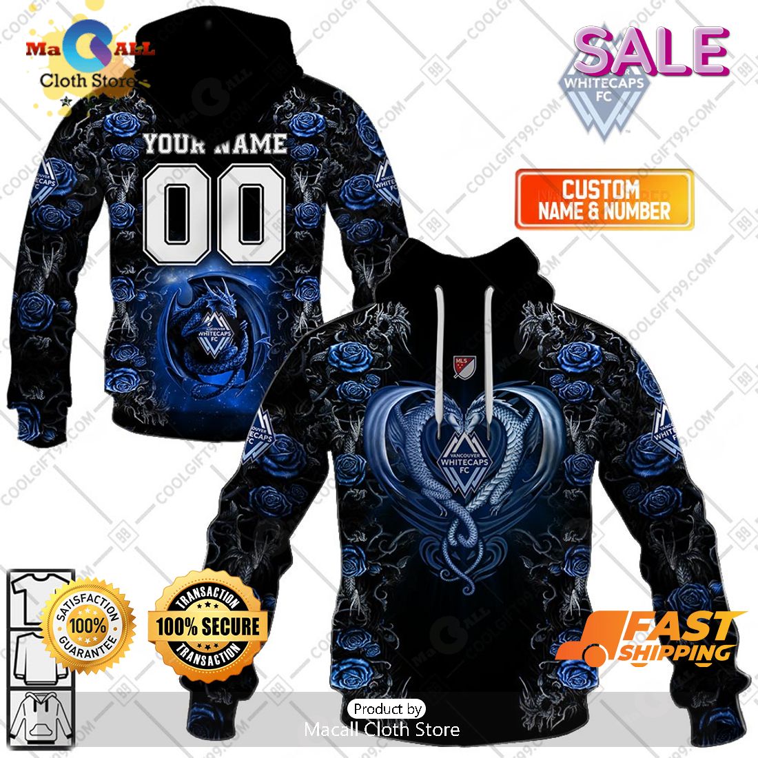 SALE Personalized MLS Vancouver Whitecaps Roses Dragon Couple Hoodie Sweatshirt 3D