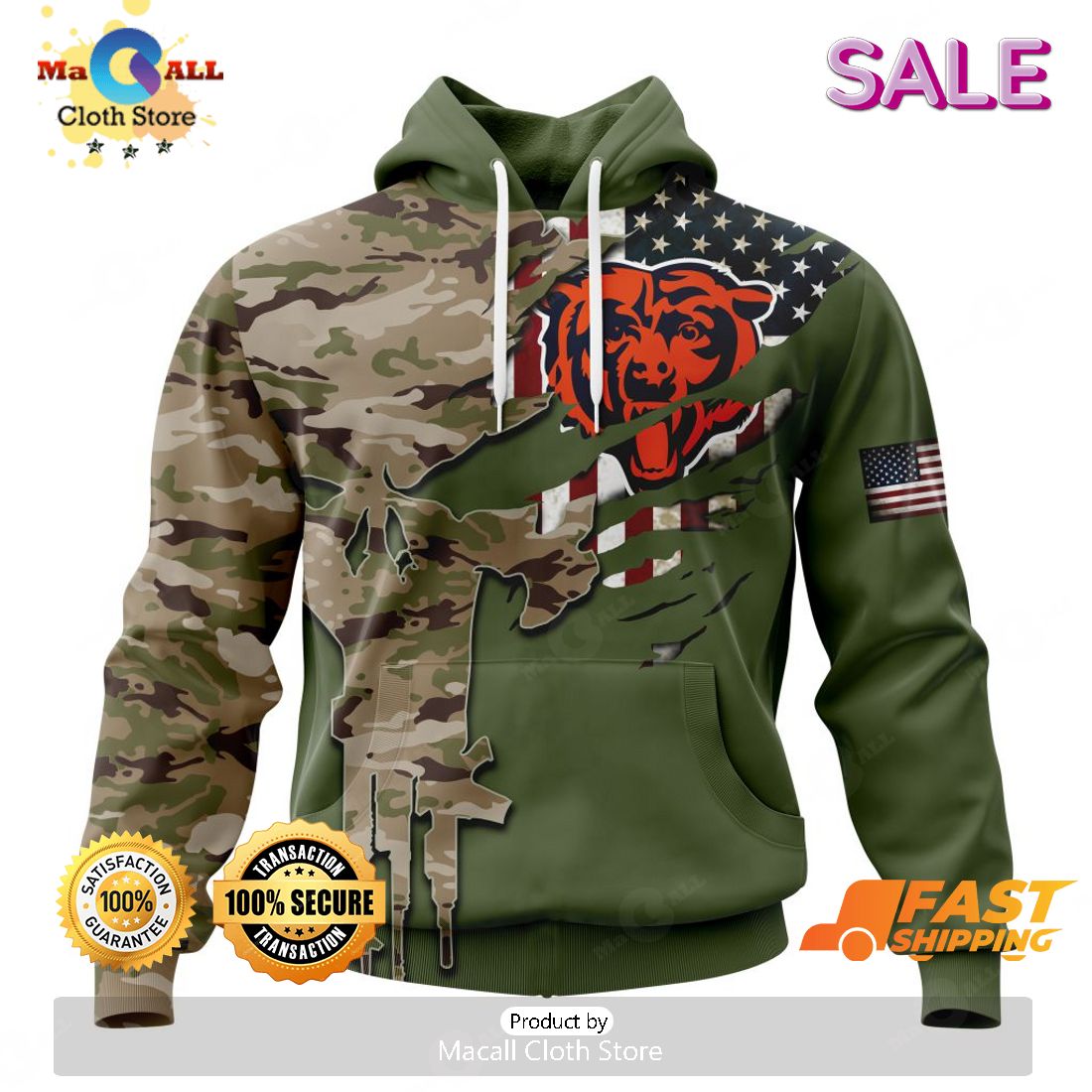 Camo Custom NFL vintage Chicago Bears 3D Hoodies for cheap 