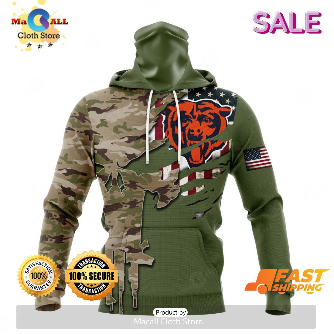 Custom NFL new Chicago Bears 3D Hoodies camo on sale