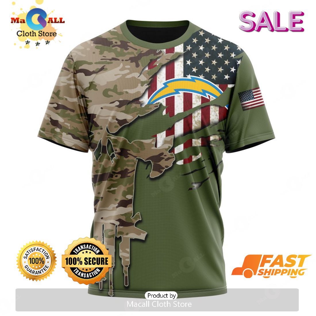 NFL Los Angeles Chargers Camo Style Gifts for Veterans Day All Over Printed  3D Shirt