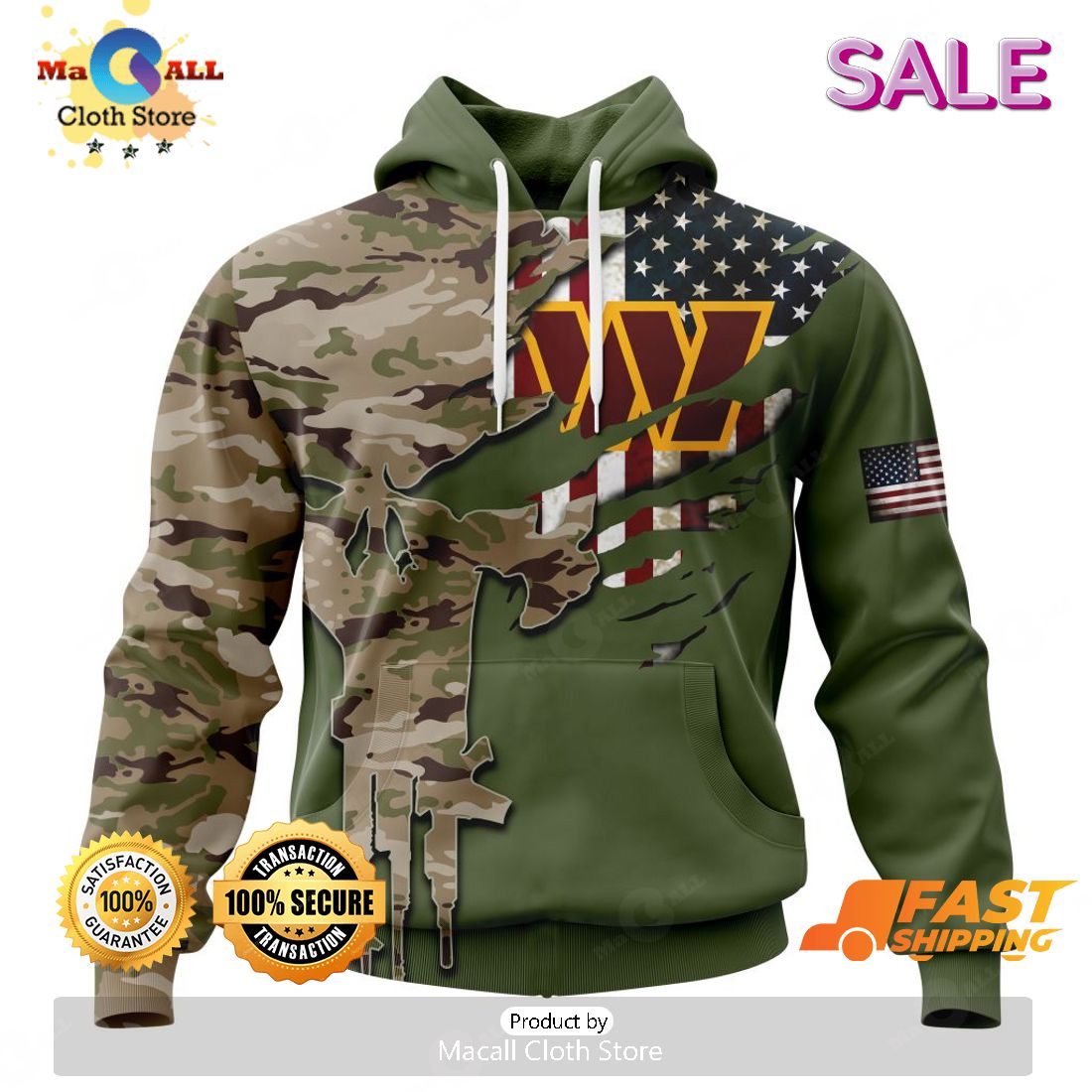 NFL Washington Commanders Custom Name Number Camo Style Zip Up Hoodie