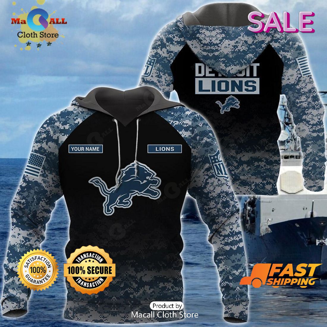 SALE Personalized Name Detroit Lions - U.S. Navy NWU Camouflage Veterans  Day Hoodie Sweatshirt 3D - Macall Cloth Store - Destination for fashionistas