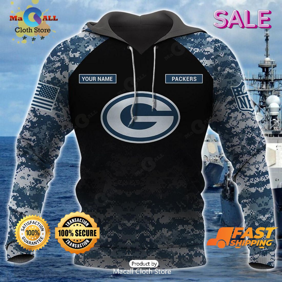 SALE Personalized Name Green Bay Packers – U.S. Navy NWU Camouflage Veterans Day Hoodie Sweatshirt 3D