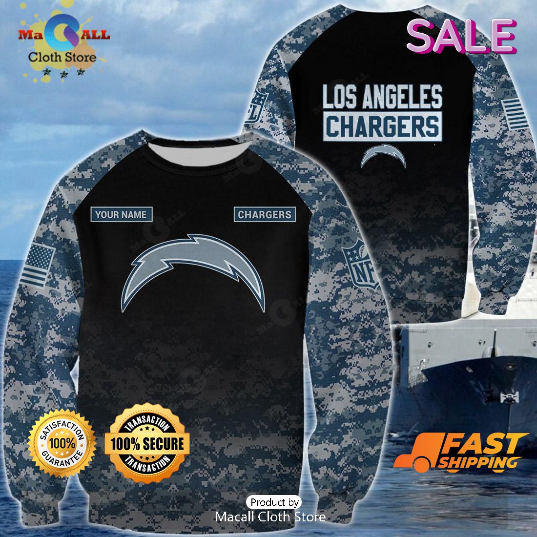 SALE Personalized Name Los Angeles Chargers – U.S. Navy NWU Camouflage Veterans Day Hoodie Sweatshirt 3D