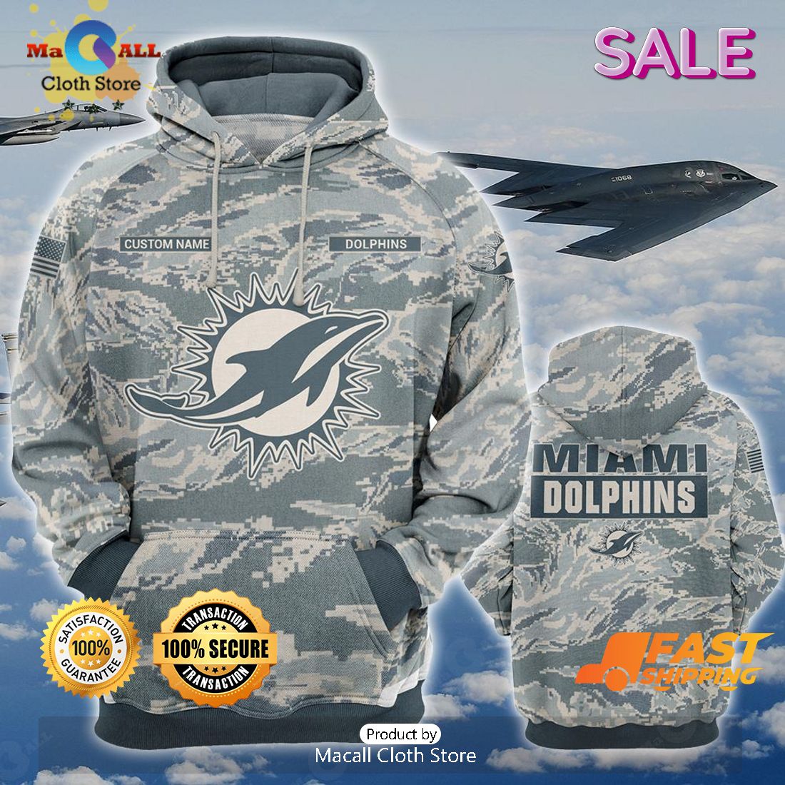 SALE Personalized Name Miami Dolphins – U.S. Air Force ABU Camouflage Veterans Day, Christmas Gifts Hoodie Sweatshirt 3D