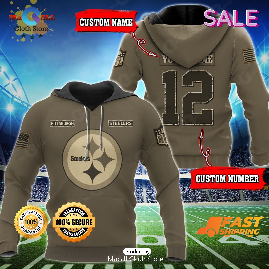 Pittsburgh Steelers Camo Hoodie 3D Custom Name Steelers Gift