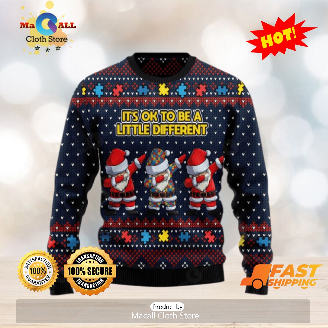HOT TREND Autism Awareness Funny Santa Clauses It’s Ok To Be A Little Different Christmas Ugly Sweater