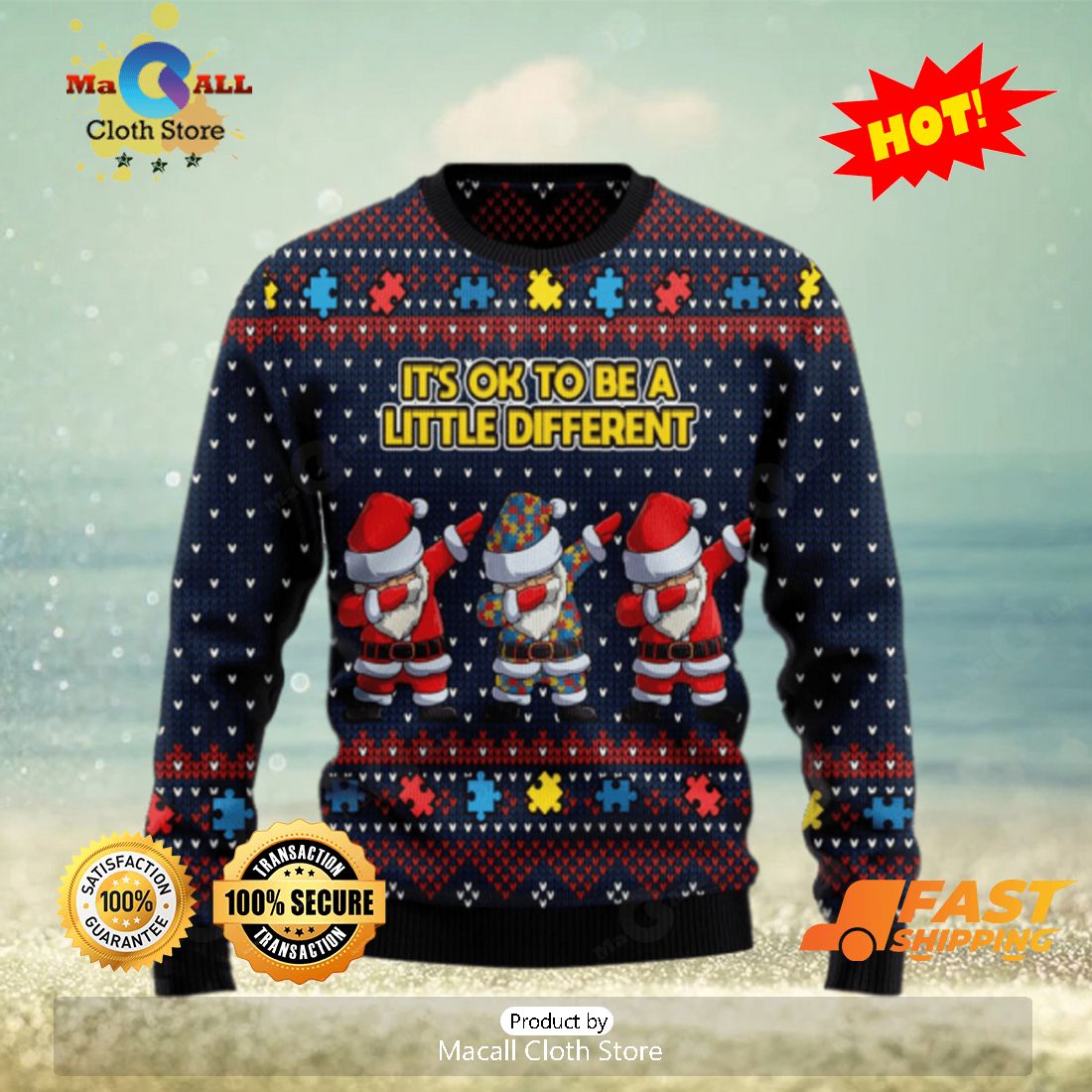 HOT TREND Autism Awareness Funny Santa Clauses It’s Ok To Be A Little Different Christmas Ugly Sweater