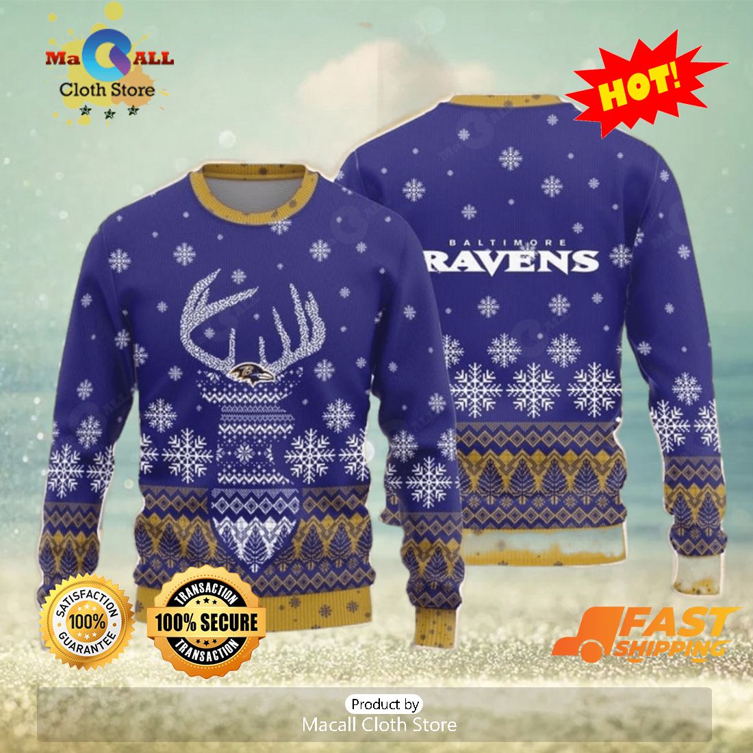 HOT TREND Baltimore Ravens Christmas Big Reindeer Pattern Christmas Gift 3D Ugly Christmas Sweater HOT TREND Baltimore Ravens Christmas Big Reindeer Pattern Christmas Gift 3D Ugly Christmas Sweater