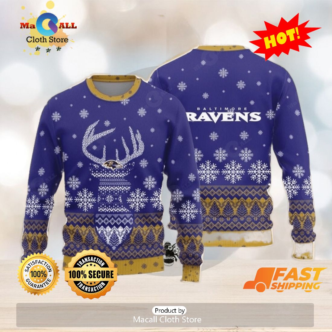 Baltimore Ravens Christmas Big Reindeer Pattern Christmas Gift 3D