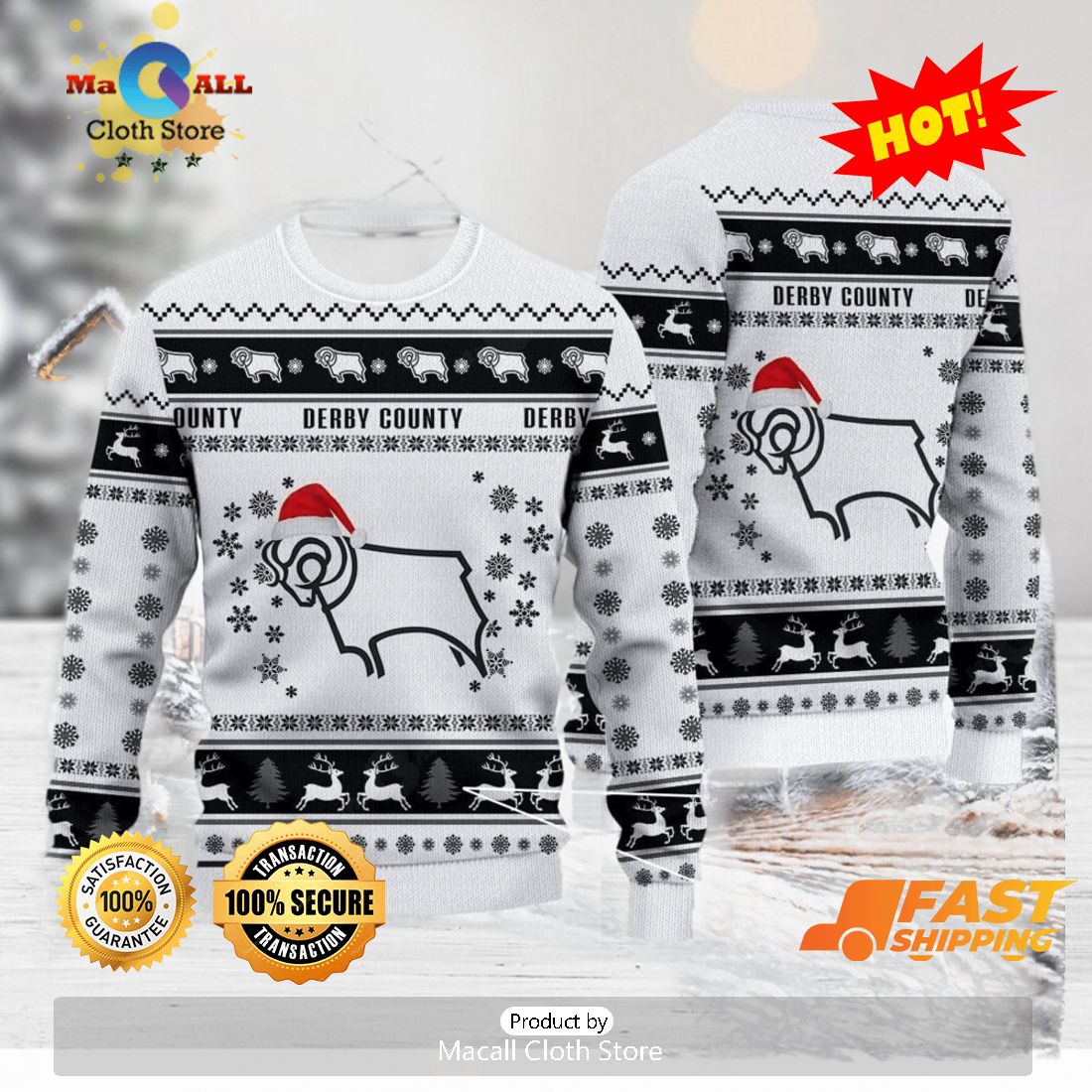 HOT TREND Derby County Exclusive EFL Logo Team Ugly Christmas Sweater For Fans Gift Unisex Sweatshirt