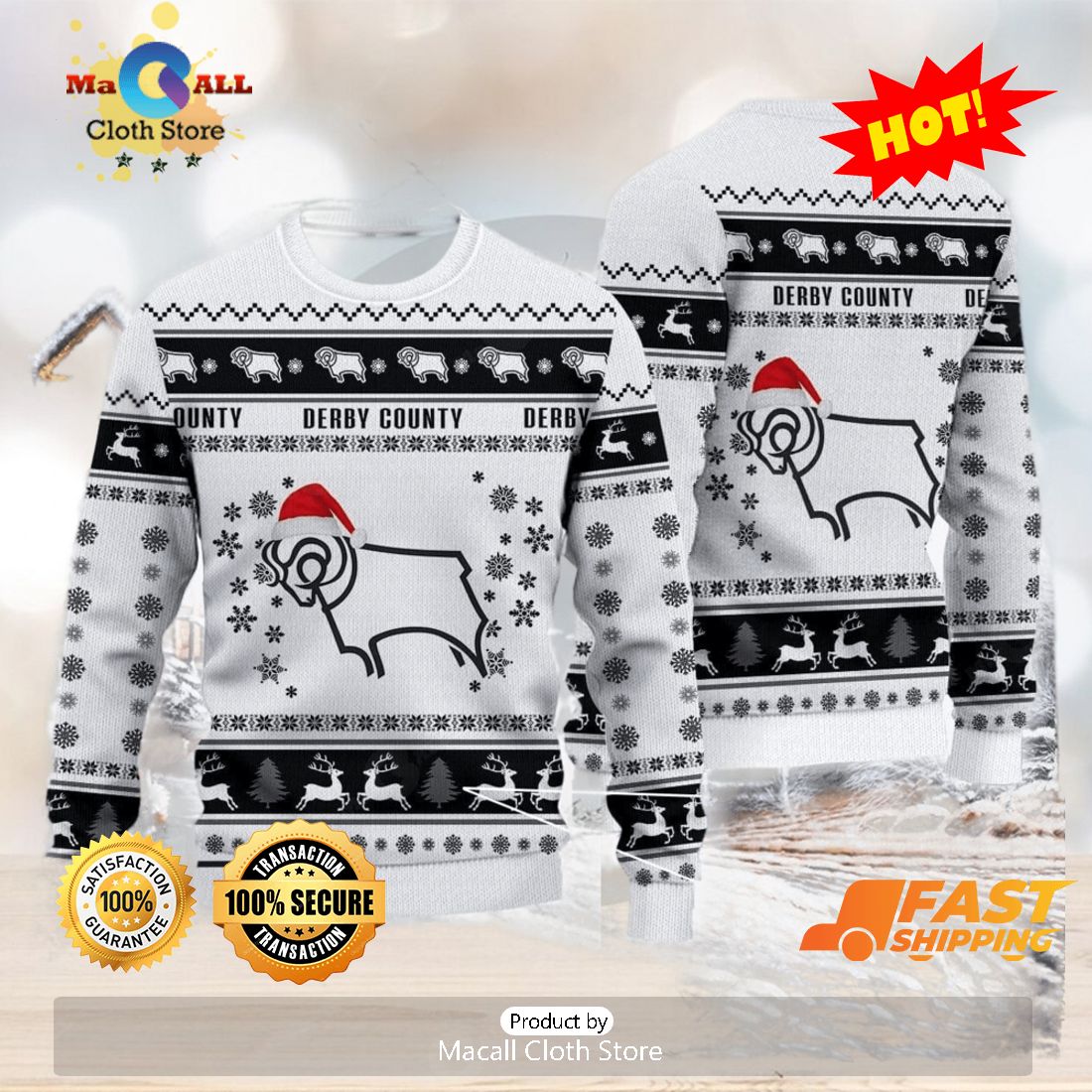 HOT TREND Derby County Exclusive EFL Logo Team Ugly Christmas Sweater For Fans Gift Unisex Sweatshirt