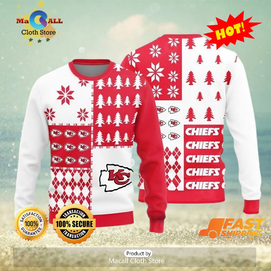 Kansas City Chiefs Christmas Pine Trees Pattern Knitted Ugly