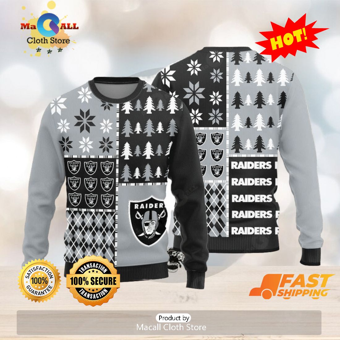 Las Vegas Raiders Christmas Pine Trees Pattern Knitted Ugly Christmas  Sweater AOP Gift For Men And Women - Limotees