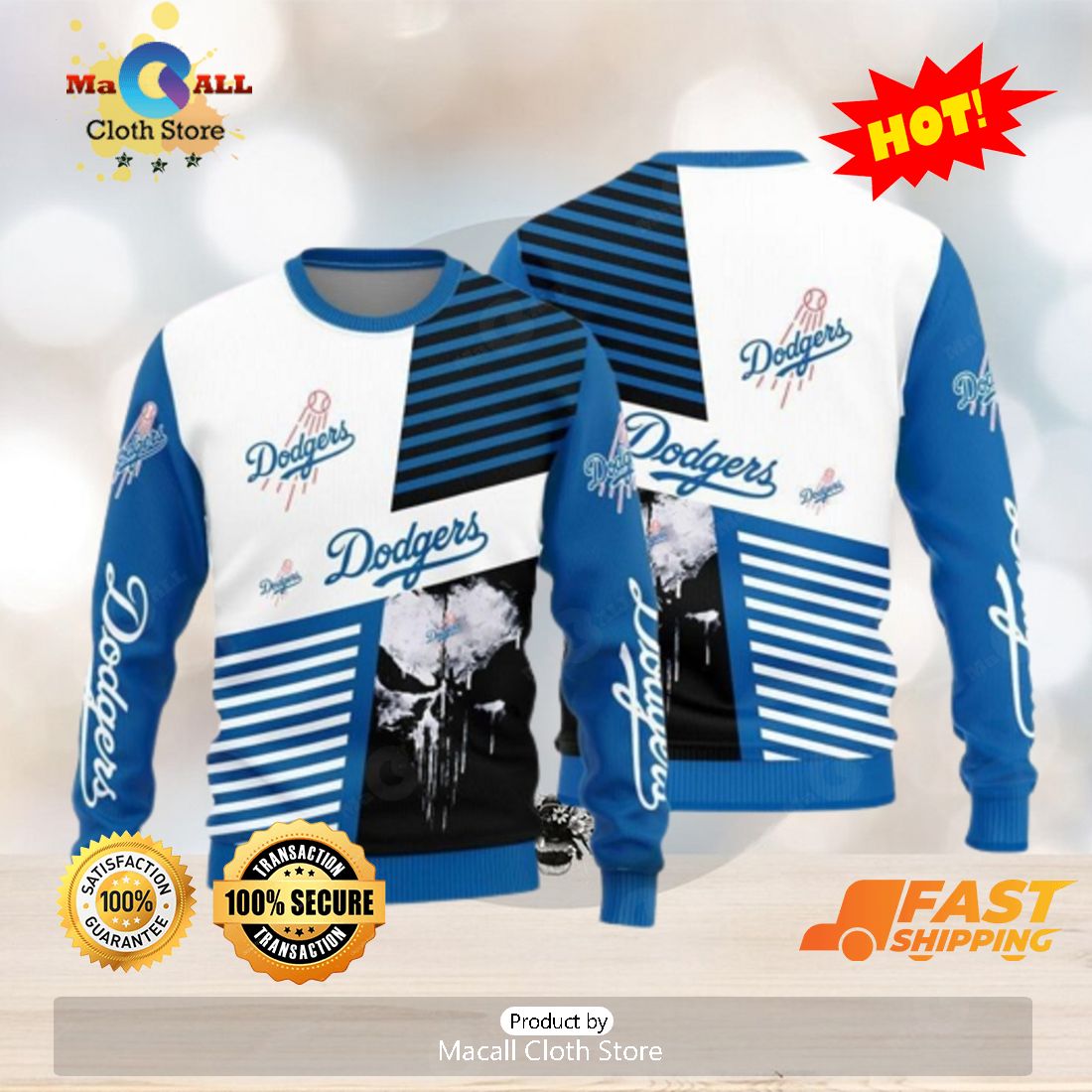 HOT TREND Los Angeles Dodgers Skull Pattern Knitted Ugly Christmas Sweater AOP Gift For Men And Women HOT TREND Los Angeles Dodgers Skull Pattern Knitted Ugly Christmas Sweater AOP Gift For Men And Women
