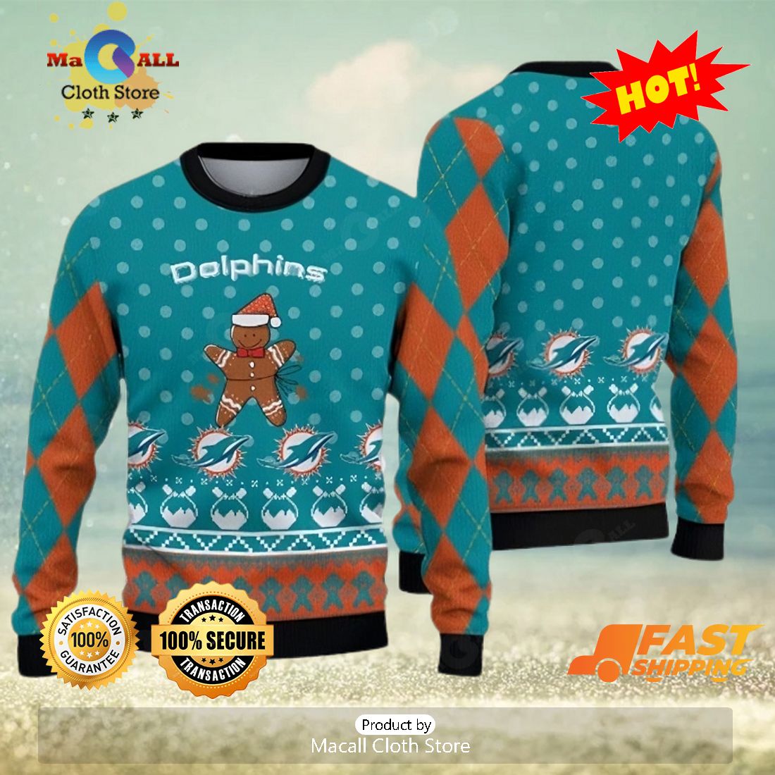 Miami Dolphins Christmas Gingerbread Man Knitted Ugly Christmas Sweater AOP  Gift For Men And Women - Limotees