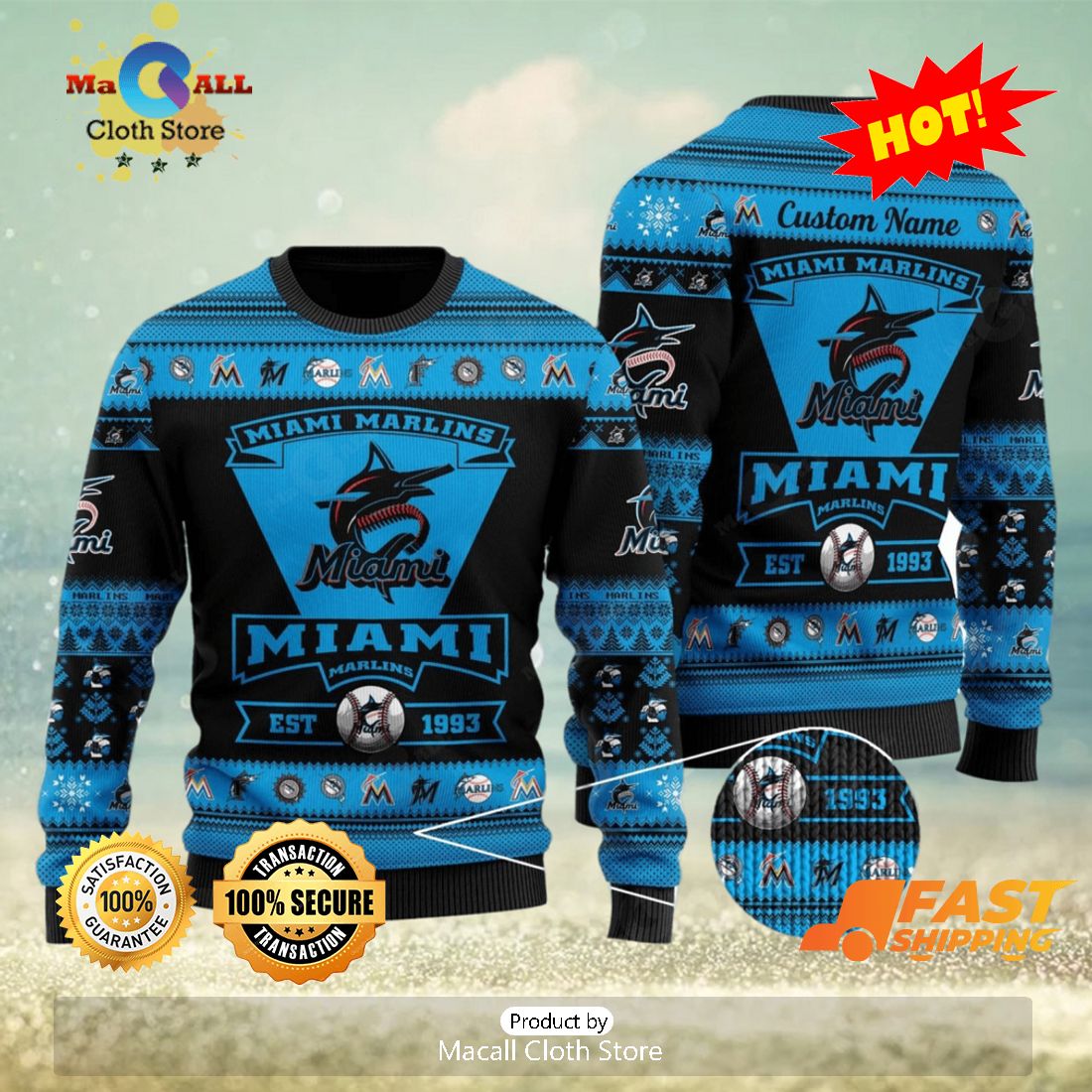 HOT TREND Miami Marlins Football Team Logo Ugly Christmas Sweater Custom Name Christmas For Fans HOT TREND Miami Marlins Football Team Logo Ugly Christmas Sweater Custom Name Christmas For Fans