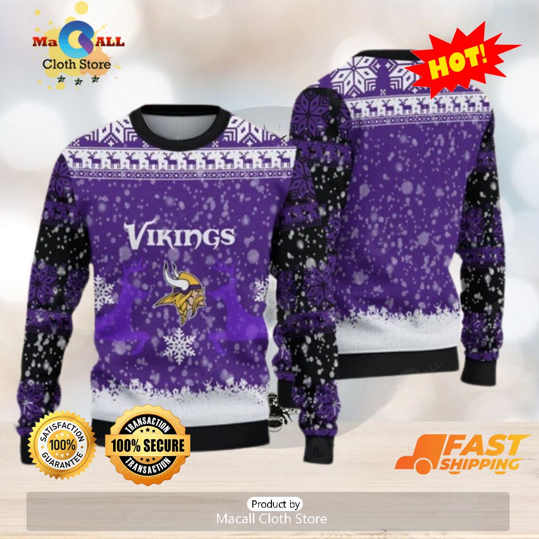 Minnesota Vikings Christmas Big Reindeer Pattern Christmas Gift 3D Ugly  Christmas Sweater - Banantees