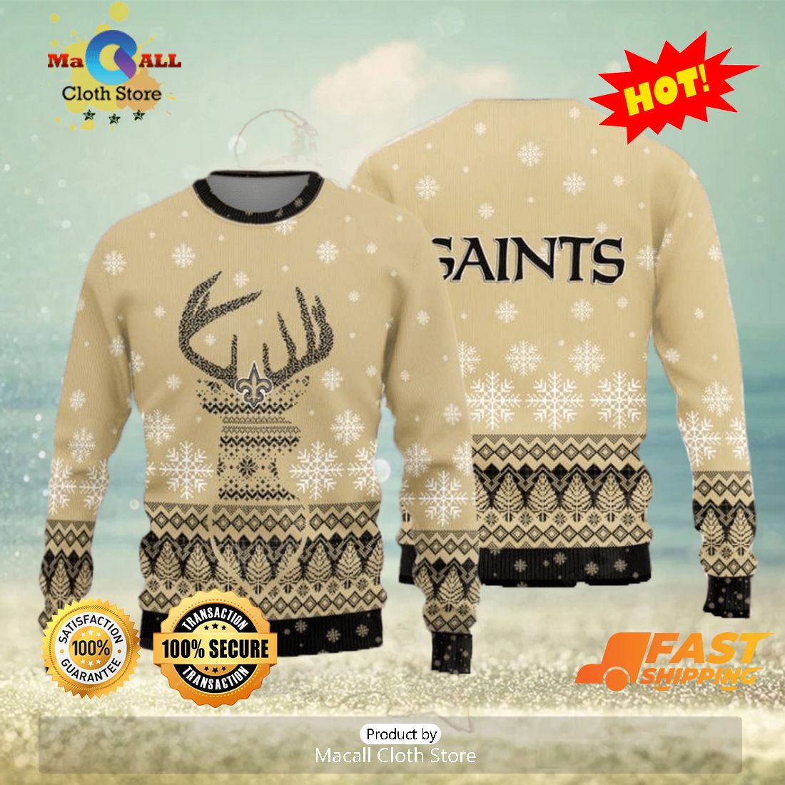 HOT TREND New Orleans Saints Christmas Reindeer Ugly Christmas Sweater Hat AOP Gift For Fans HOT TREND New Orleans Saints Christmas Reindeer Ugly Christmas Sweater Hat AOP Gift For Fans