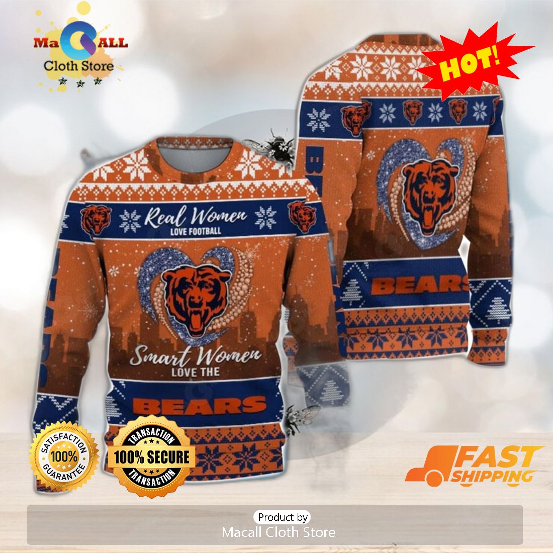 Chicago Bears Christmas Pine Tree Pattern Ugly Christmas Sweater