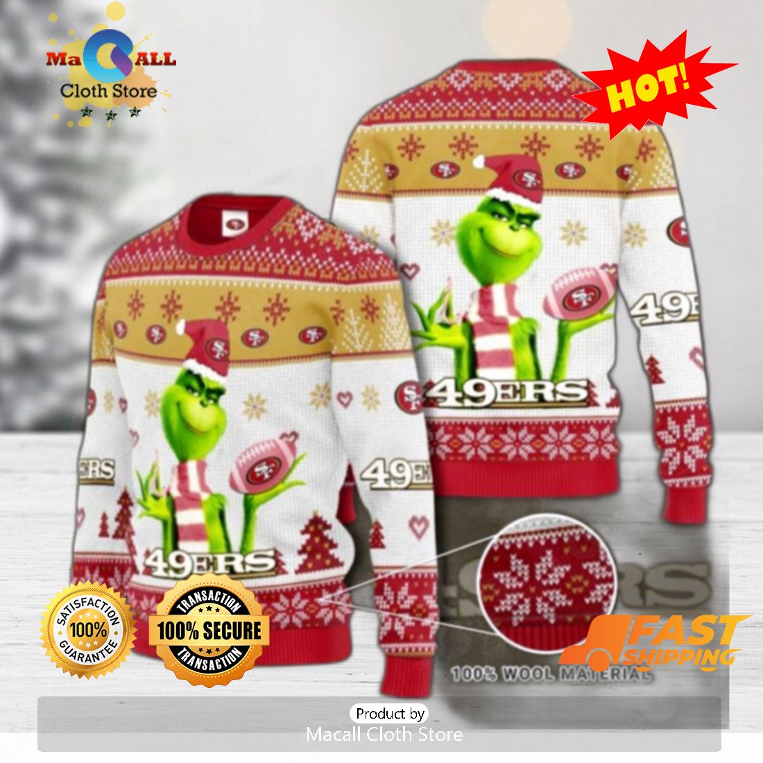 San Francisco 49ers Grinch Knit Ugly Christmas Knitted Sweater.