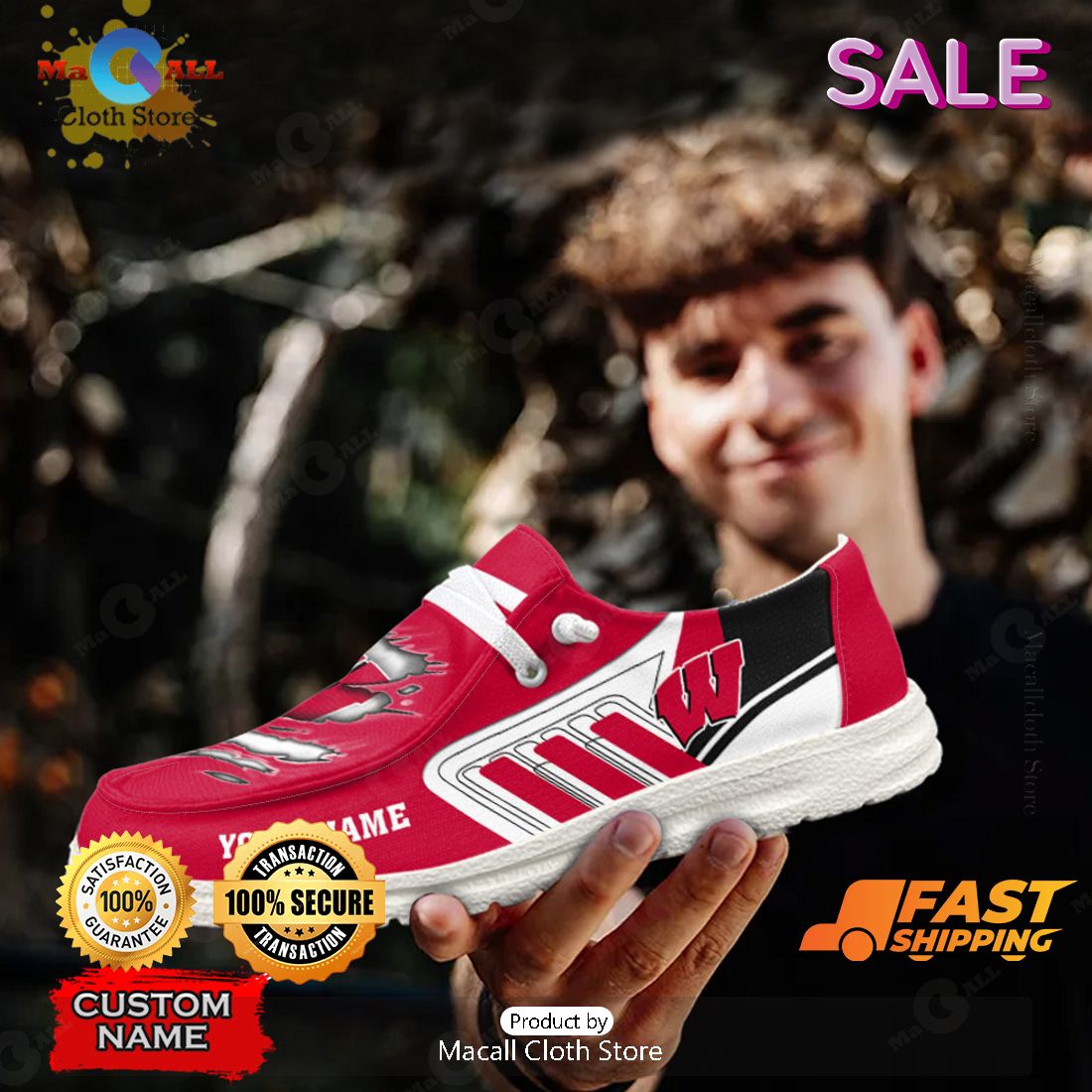 PREMIUM NCAA Wisconsin Badgers Custom Name Hey Dude Shoes PREMIUM NCAA Wisconsin Badgers Custom Name Hey Dude Shoes