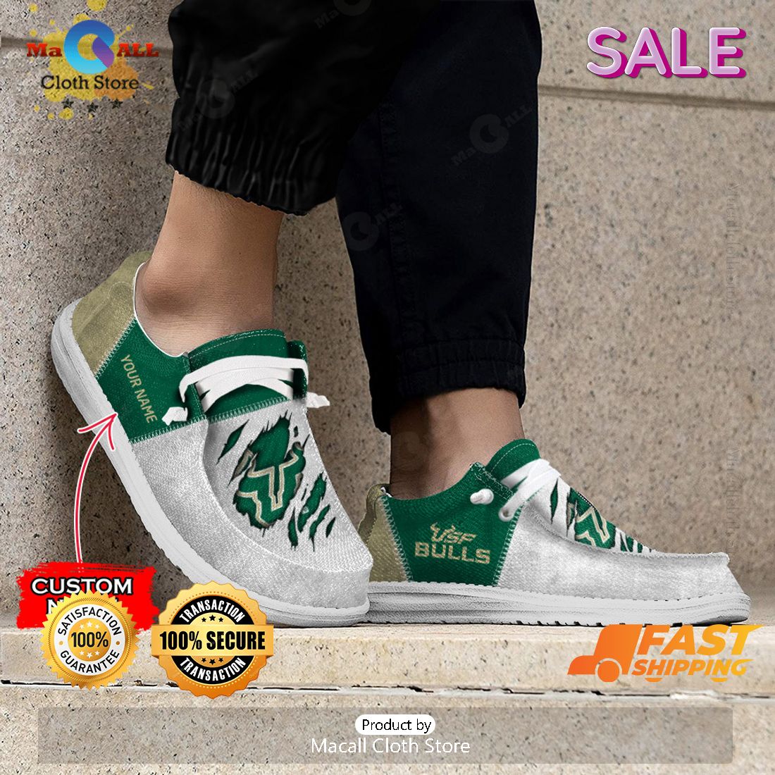 [AVAILABLE] NCAA South Florida Bulls Custom Name Hey Dude Shoes